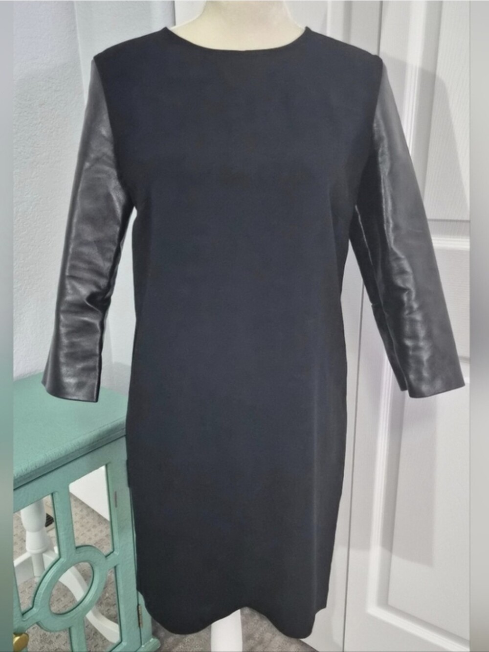 Stella McCartney Black Shift Dress Faux Leather Sleeves IT 42 US 6 Made in Italy